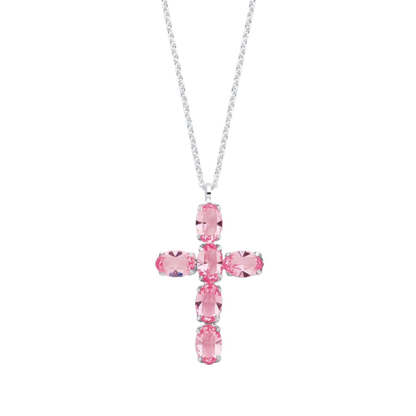 Silver Pink Crystal Cross Pendant On Chain
