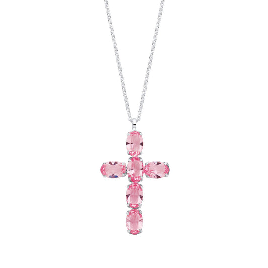 Silver Pink Crystal Cross Pendant On Chain