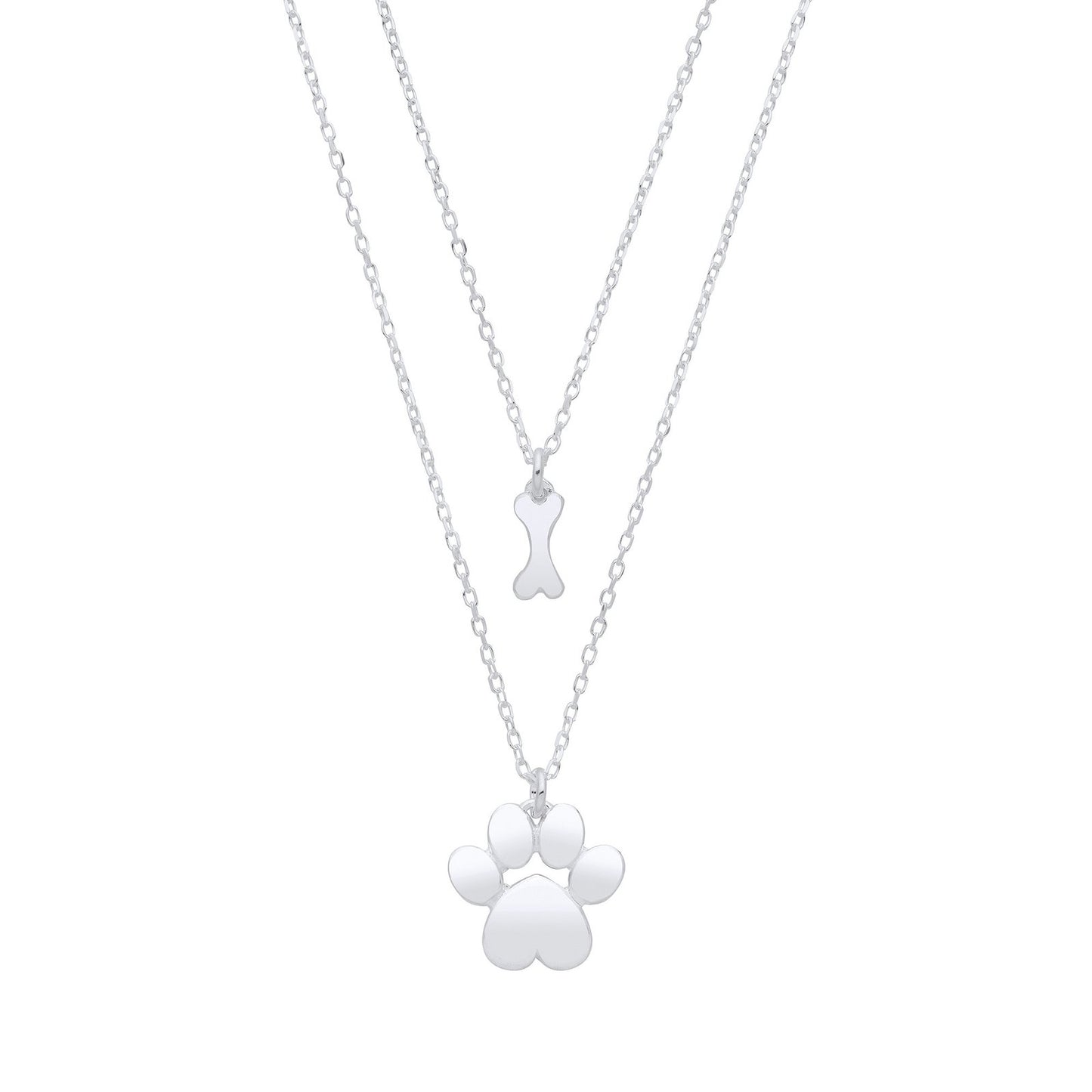 Silver Dog Paw & Bone Pendant Necklace 16" / 18"