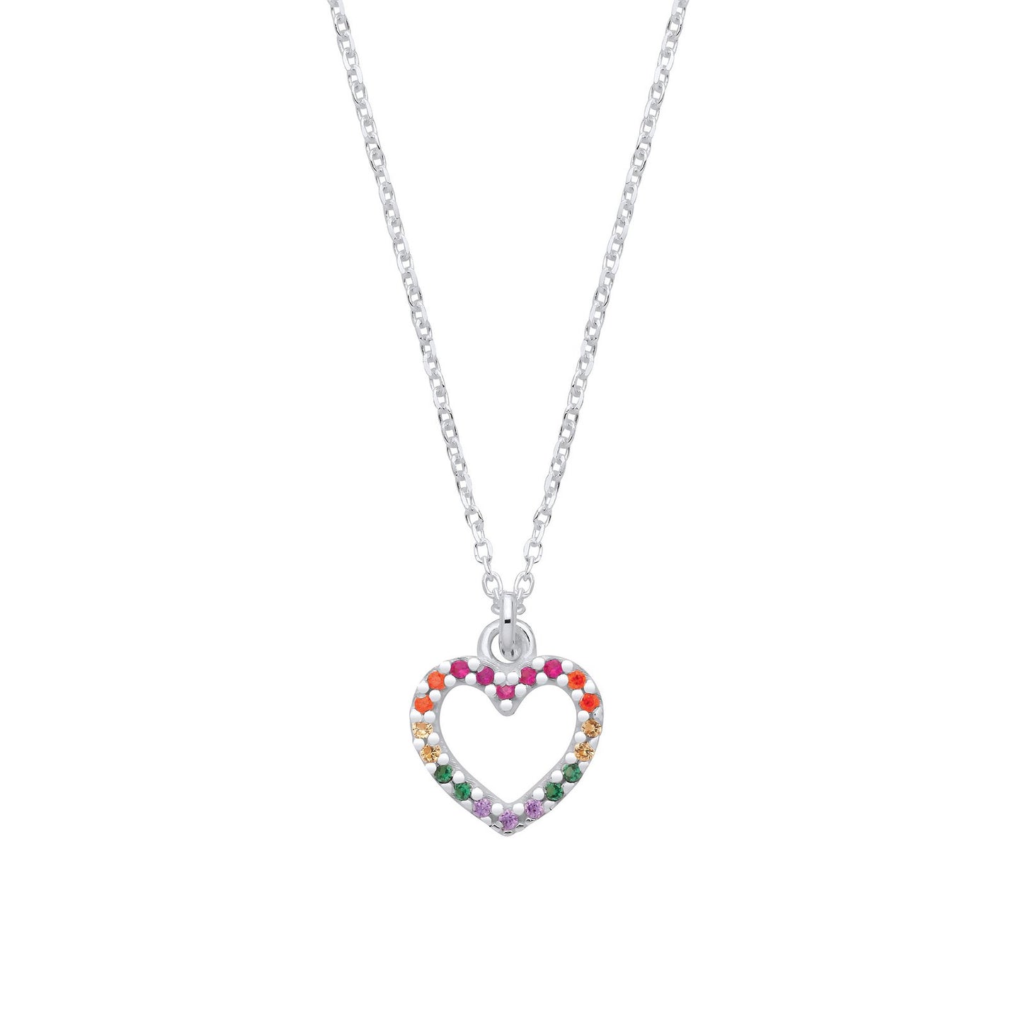 Silver Multi Colour Cubic Zirconia Heart Pendant Necklace