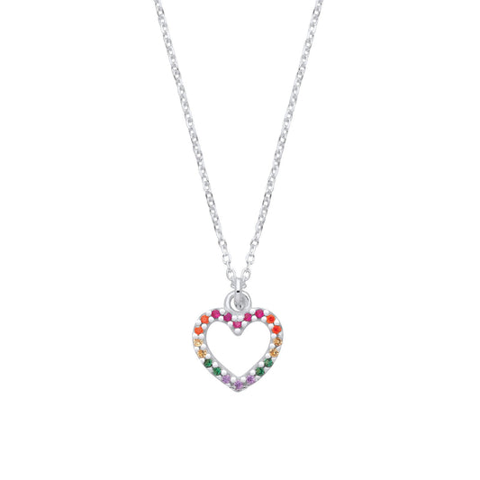 Silver Multi Colour Cubic Zirconia Heart Pendant Necklace