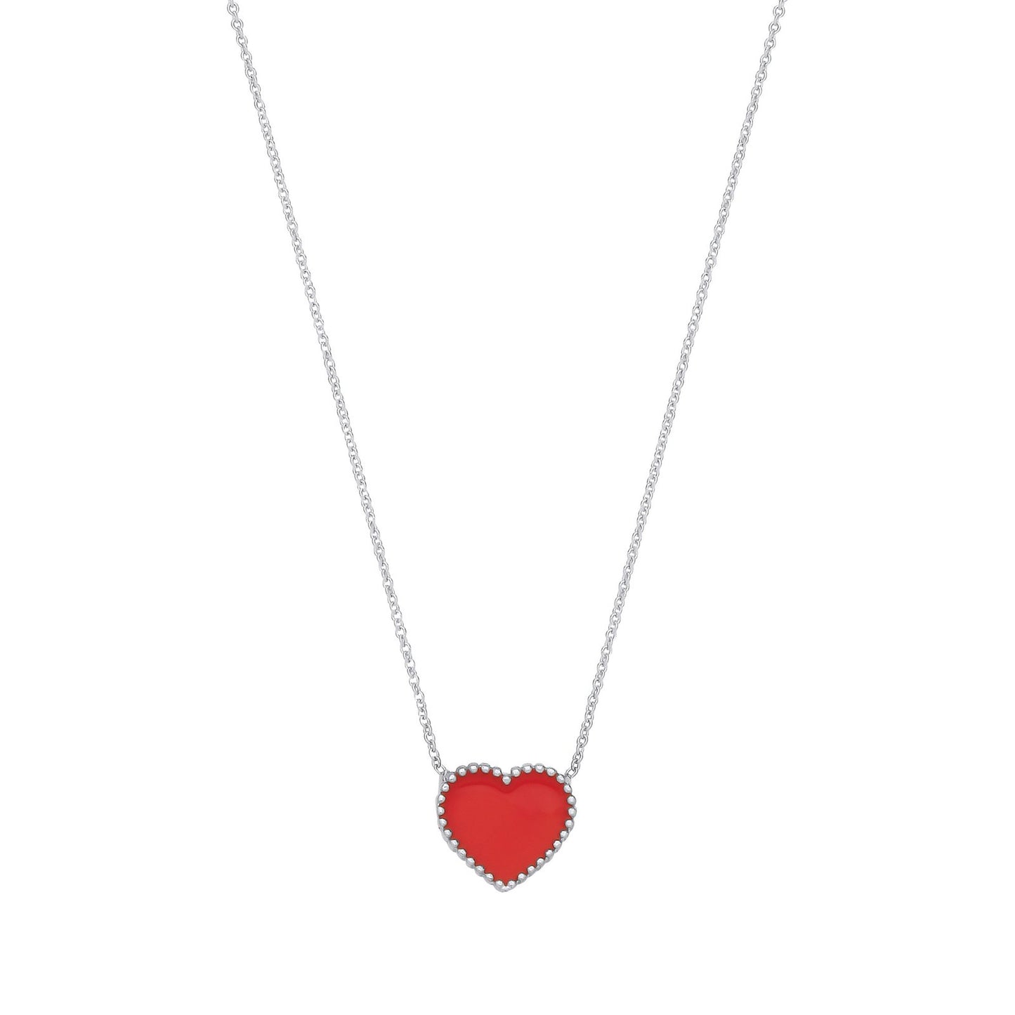 Silver Red Enamel Heart Pendant On Chain