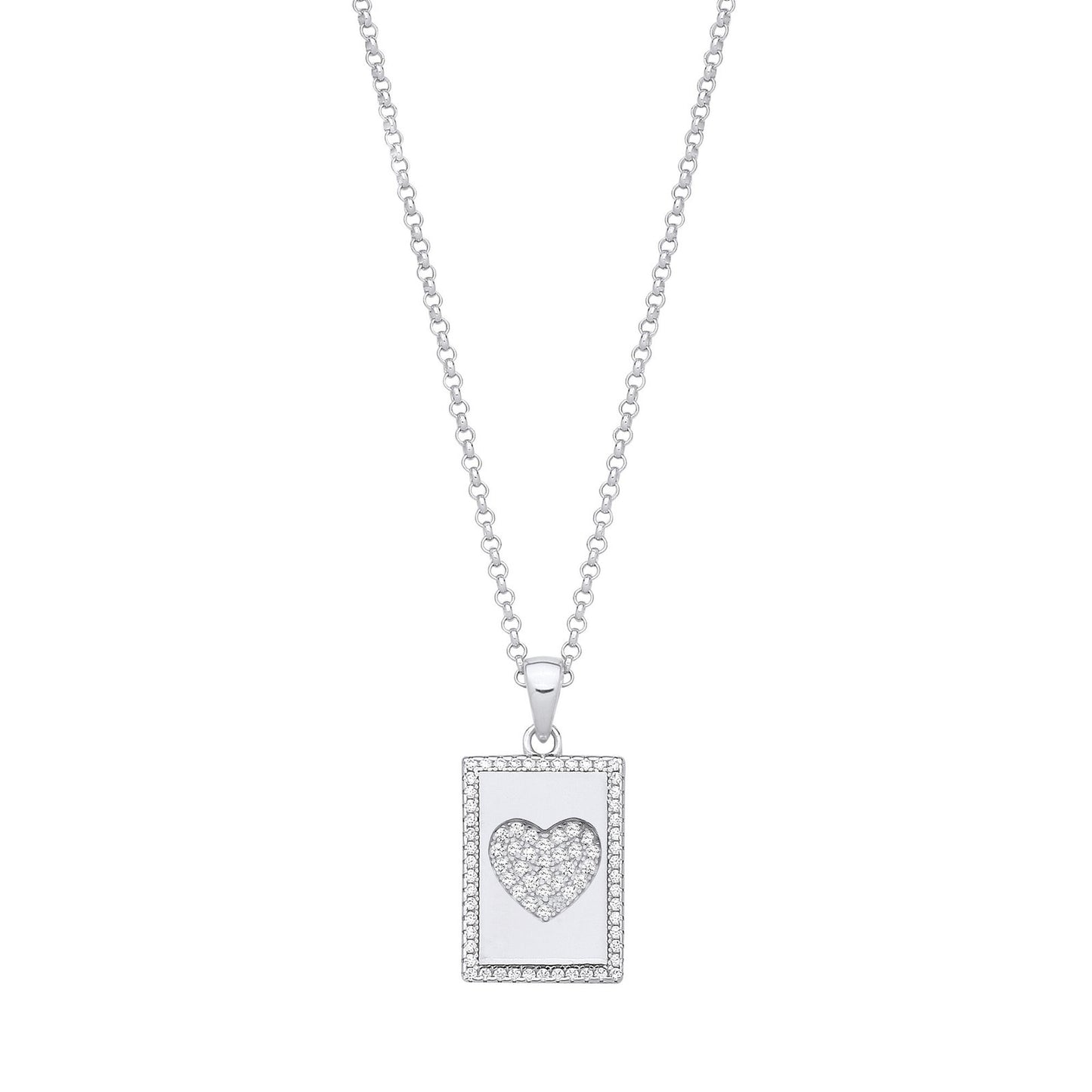 Silver Dog Tag Cubic Zirconias Heart Pendant On Chain