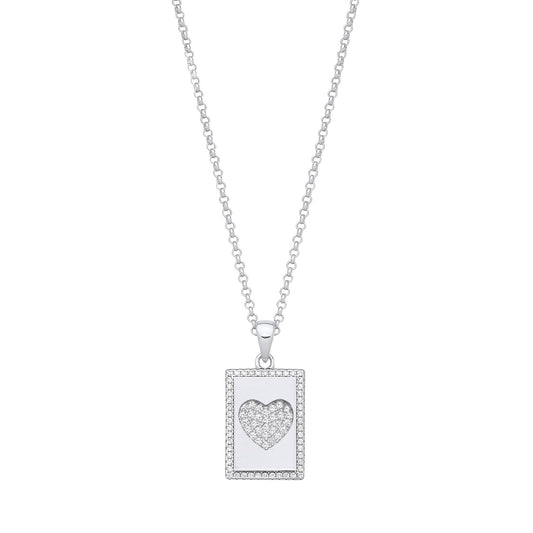 Silver Dog Tag Cubic Zirconias Heart Pendant On Chain