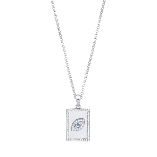 Silver Dog Tag Cubic Zirconias Evil Eye Pendant On Chain