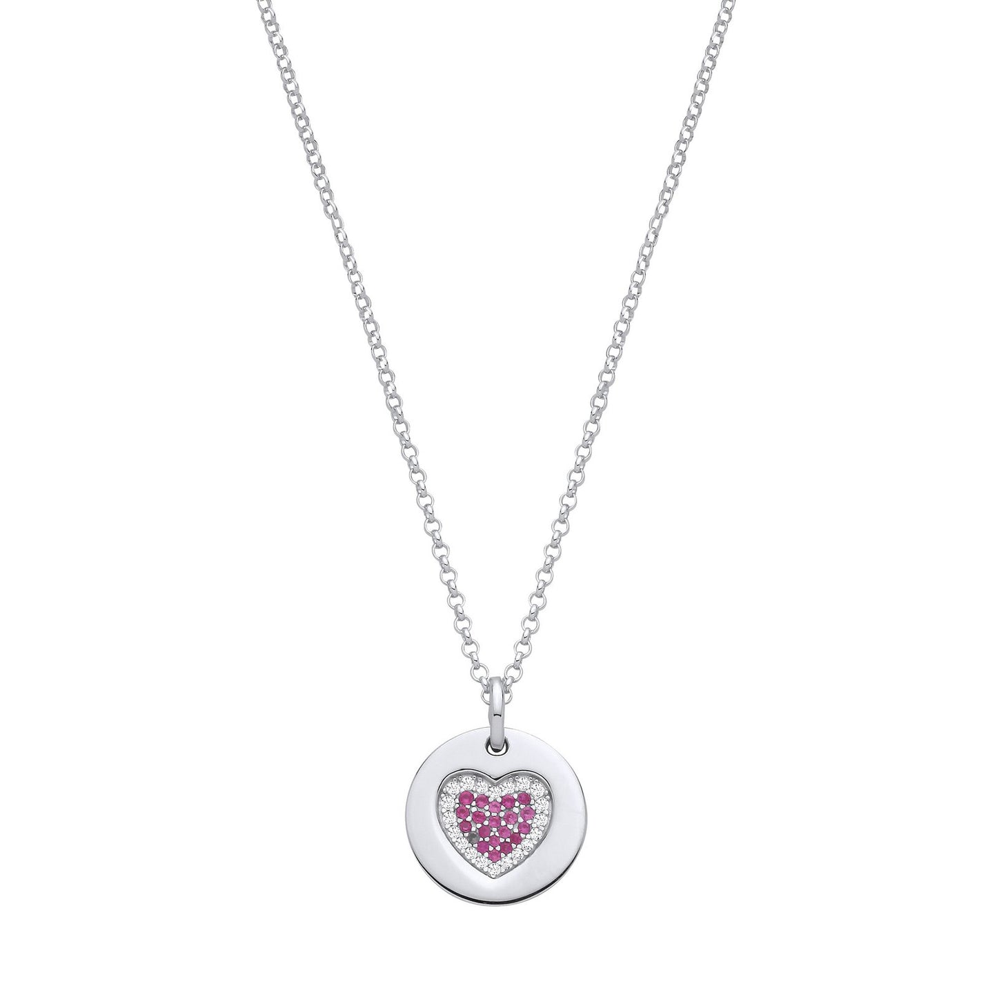 Silver Chain With Pink Cubic Zirconias Heart On Circle Pendant