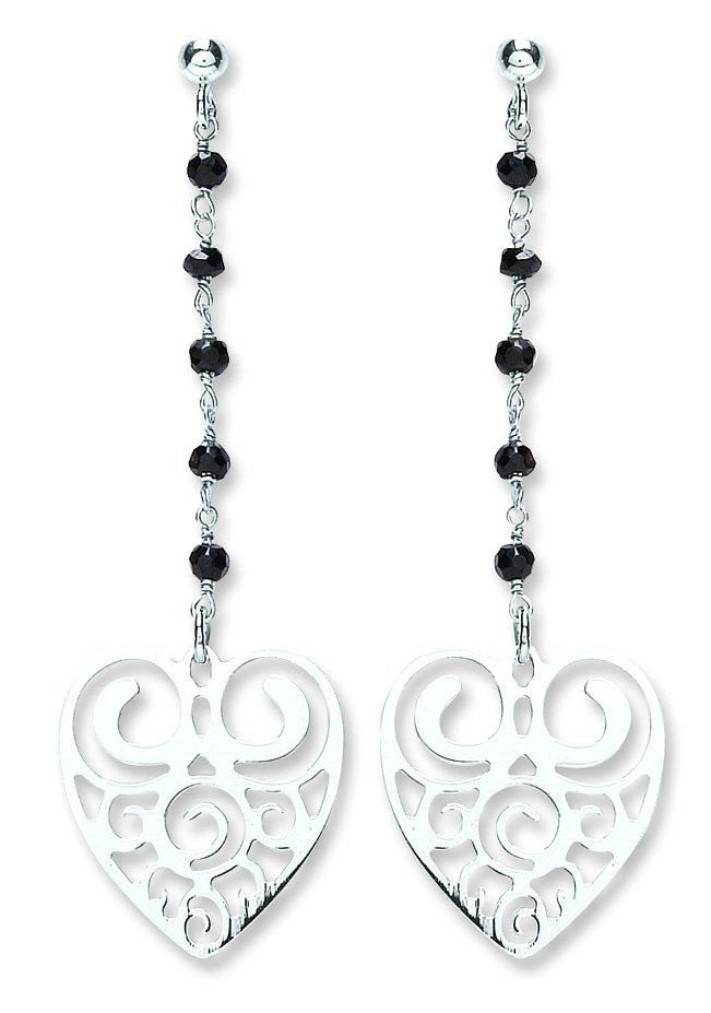 P/p Silver Black Bead Filigree Heart Drops