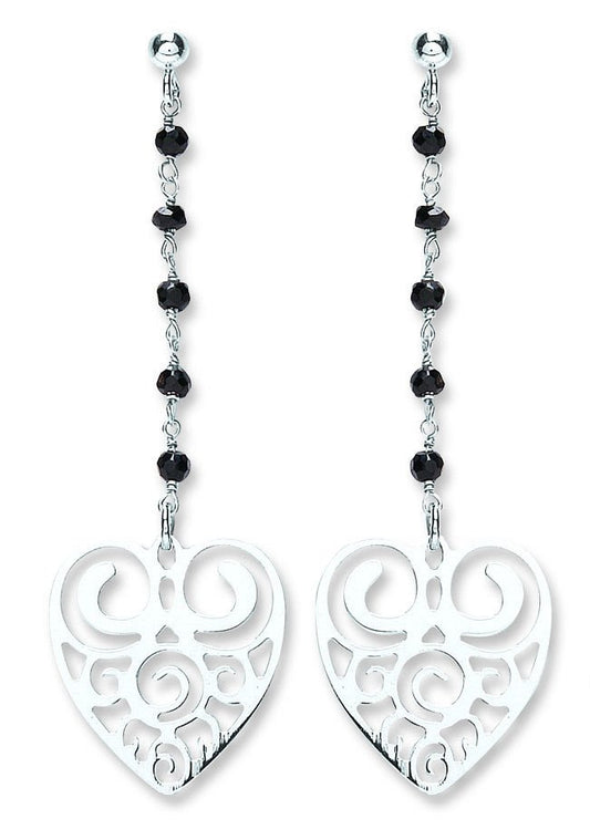 P/p Silver Black Bead Filigree Heart Drops