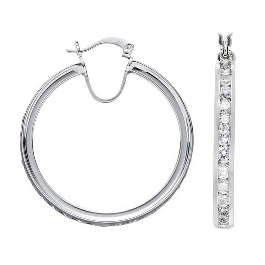 Silver Channel Set Cubic Zirconia Hoop Earrings