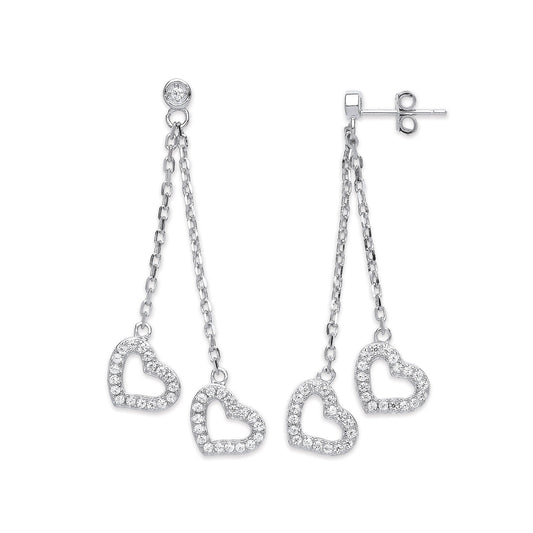 Silver 2-strand Cubic Zirconia Hearts Drop Earrings