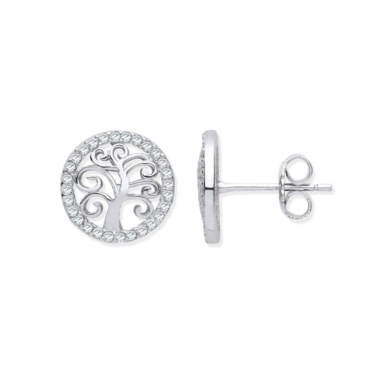 Silver Tree Of Life Cubic Zirconia Stud Earrings