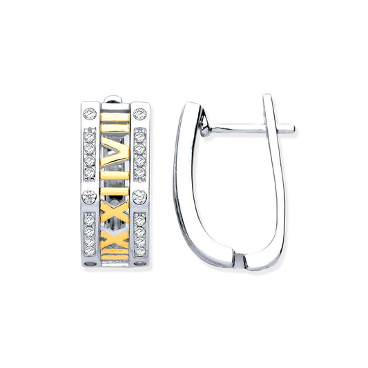 Silver With Yellow Gold Plated Roman Numeral Hoop Cubic Zirconia Earrings