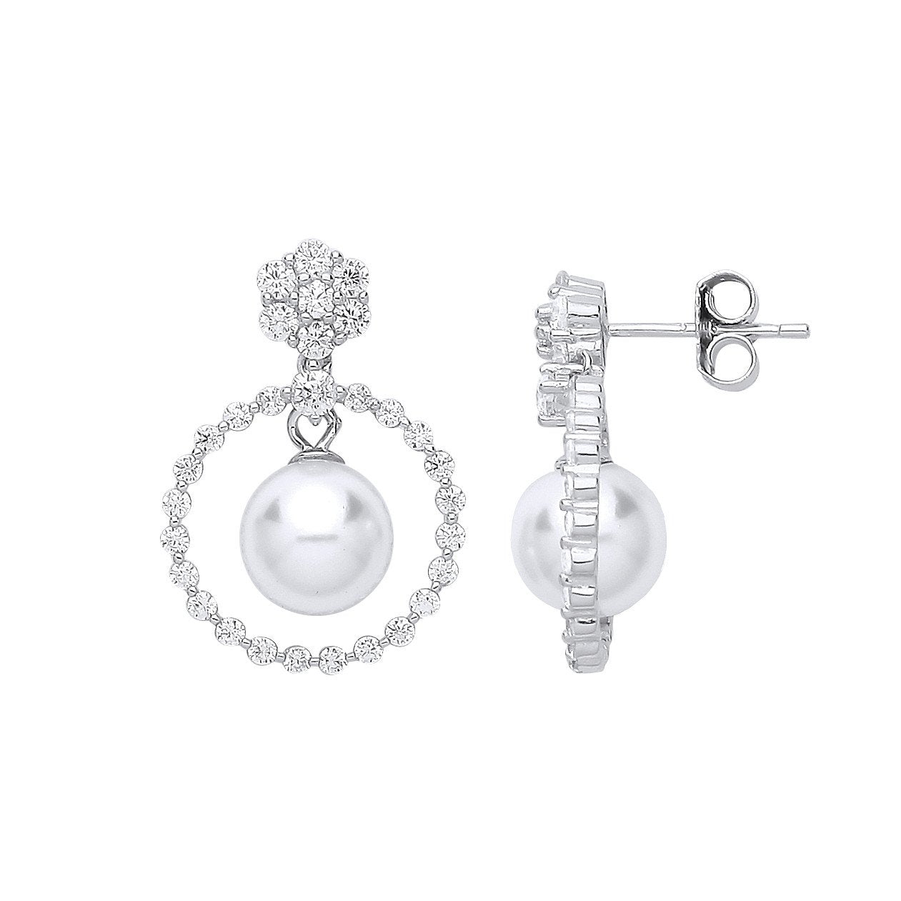 Silver Circle Of Life, Pearl & Cubic Zirconia Drop Earrings