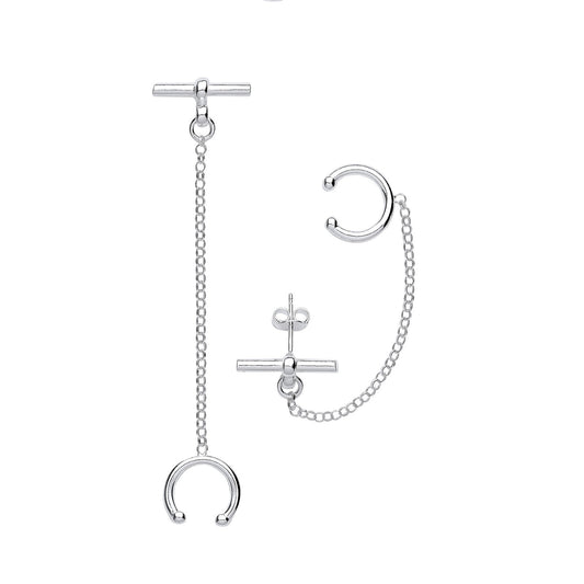Silver T-bar With Chain Ear Cuff Earrings