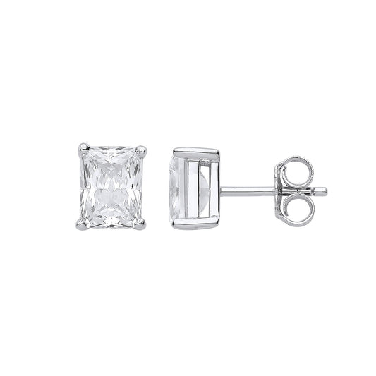 Silver Clear Cubic Zirconia Emerald Cut Stud Earrings