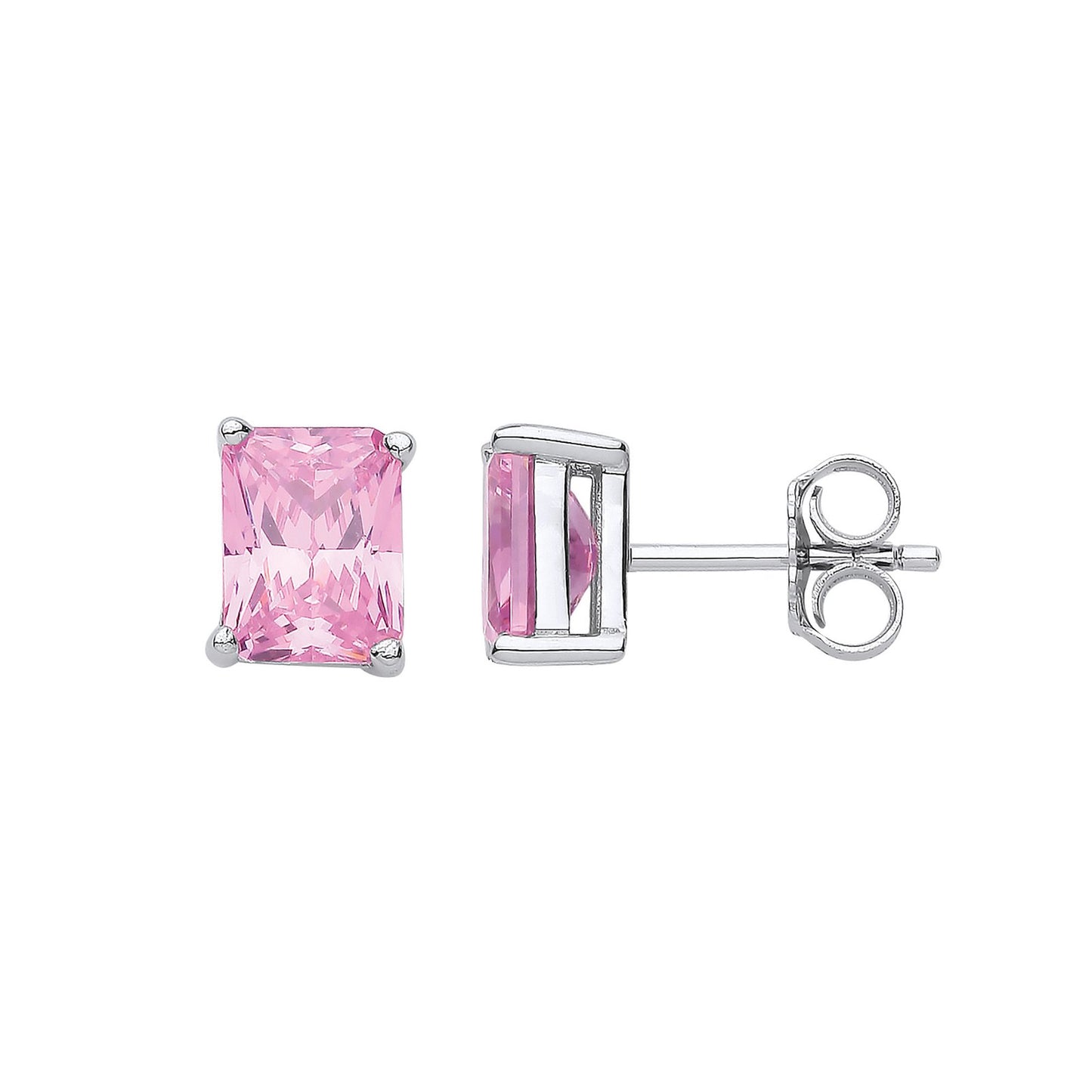 Silver Pink Cubic Zirconia Emerald Cut Stud Earrings