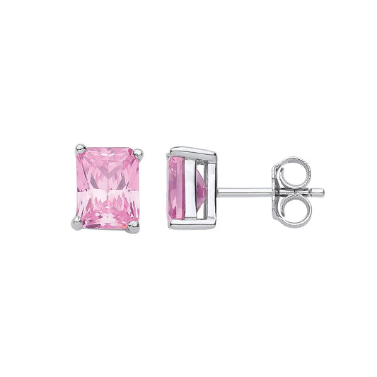 Silver Pink Cubic Zirconia Emerald Cut Stud Earrings