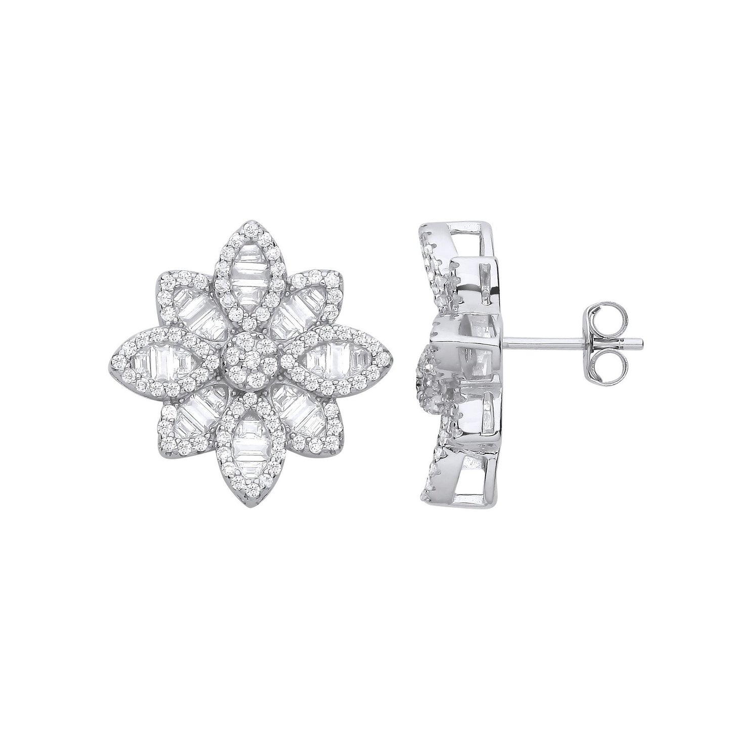 Silver Cubic Zirconia Big Flower Studs