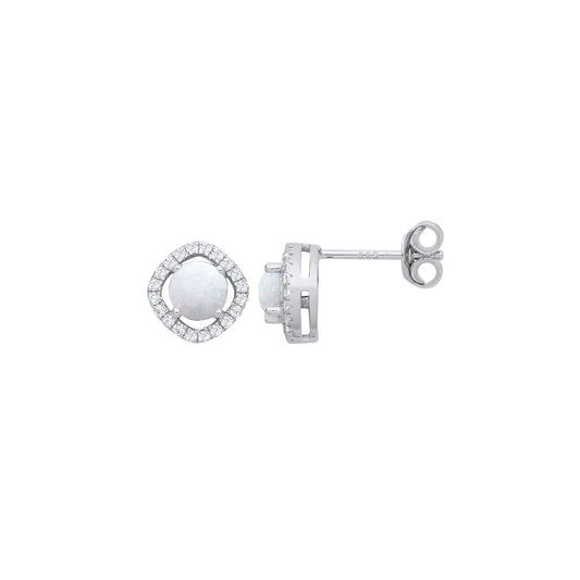 Silver Opal  & Cubic Zirconia Halo Style Stud Earrings