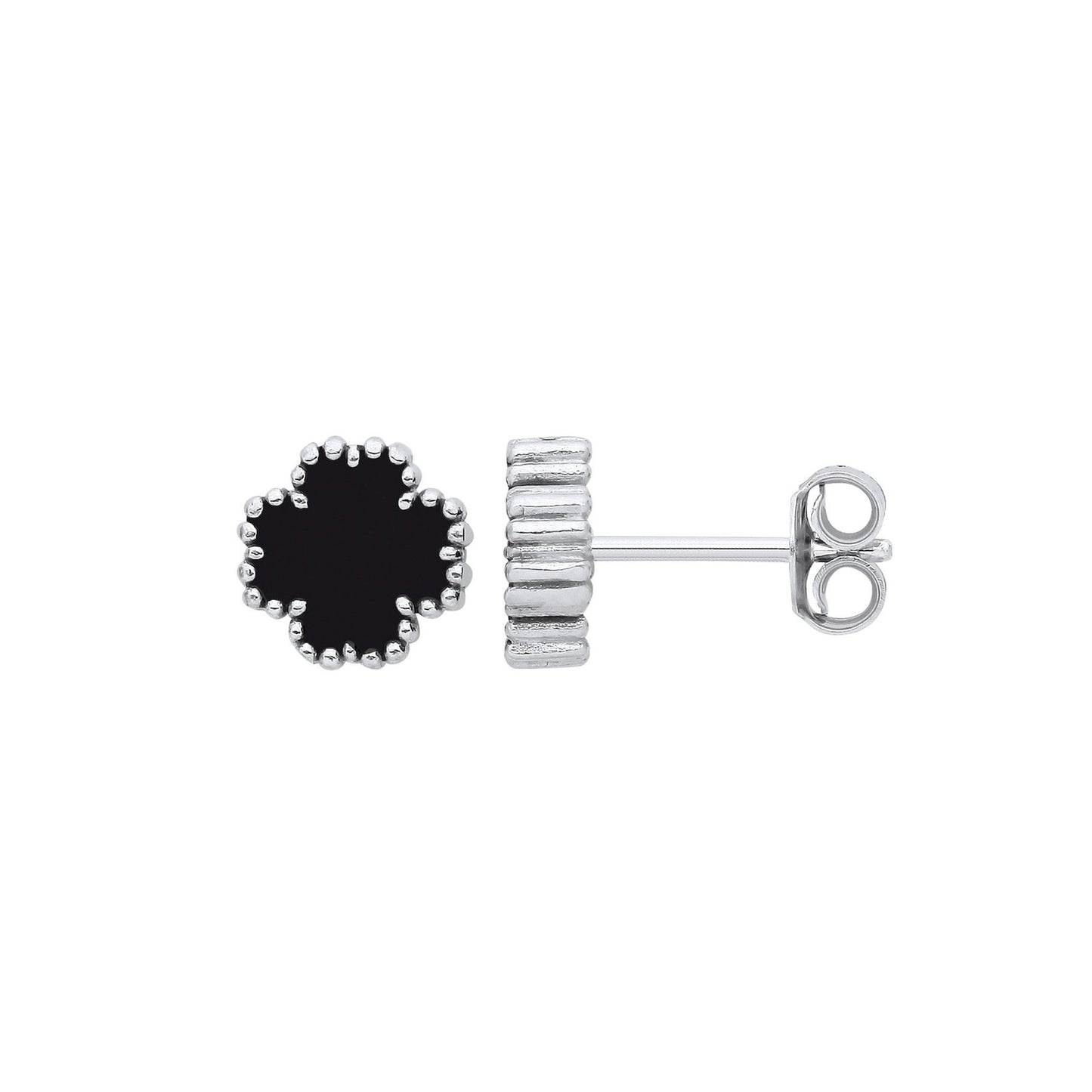 Silver Black Enamel Four Leaf Clover Studs