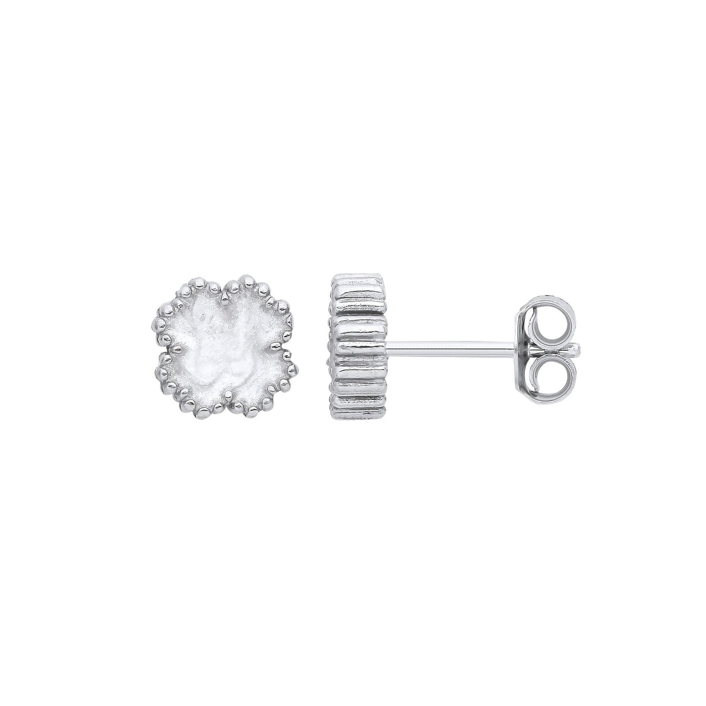 Silver White Enamel Four Leaf Clover Studs