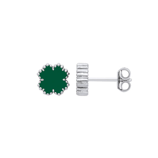 Silver Green Enamel Four Leaf Clover Studs