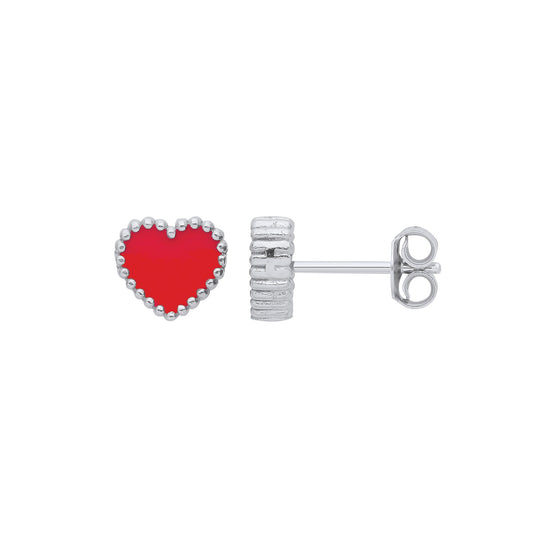 Silver Red Enamel Heart Studs