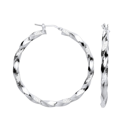 Silver Greek Key Twist Hoop 48mm Earrings