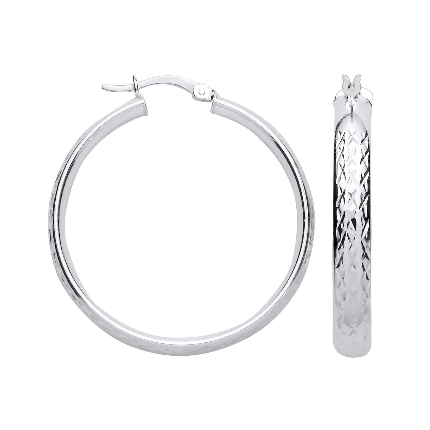 Silver 30mm Tyre Tread Design D Shape Earrings