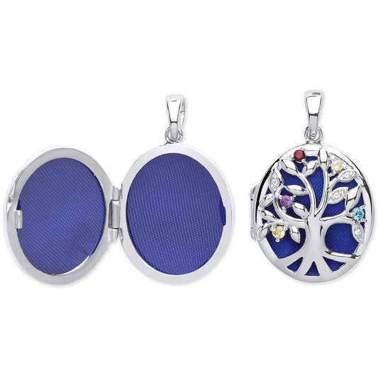 Silver Oval Tree Of Life Locket With Multi Colour Cubic Zirconia's