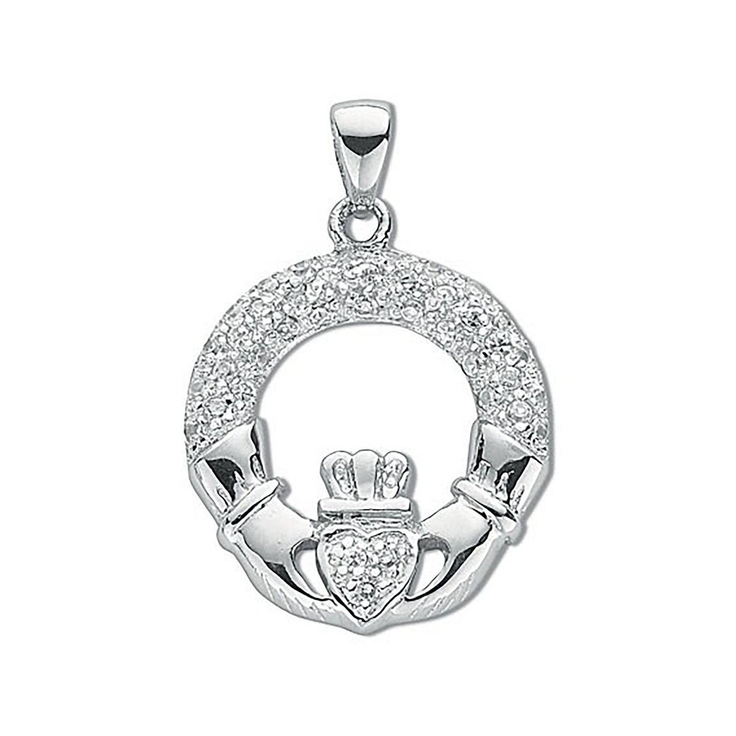 Silver Pave Set Cubic Zirconia Claddagh Drop Pendant