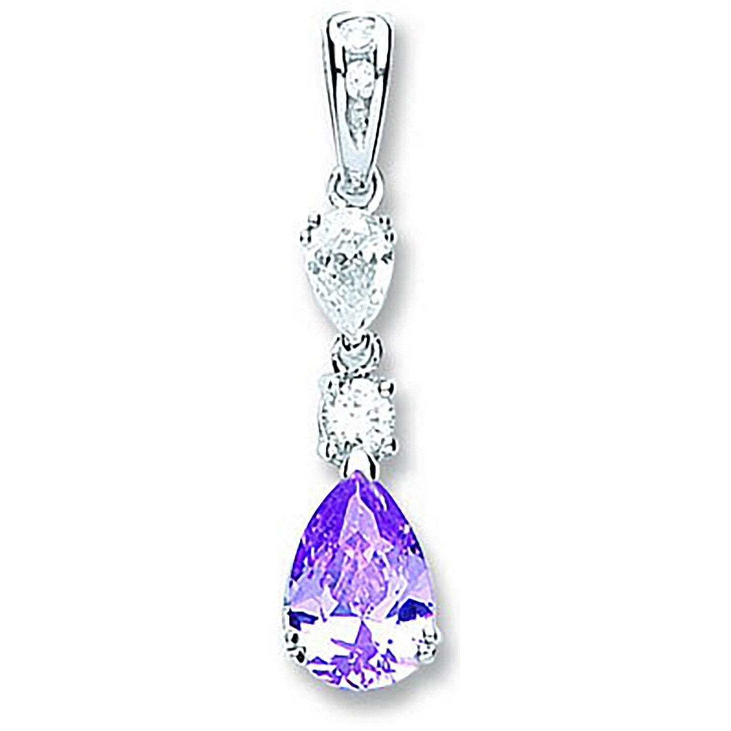 Silver Purple & Clear Pear Shaped Cubic Zirconia Drop Pendant