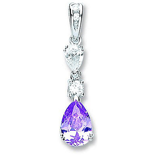 Silver Purple & Clear Pear Shaped Cubic Zirconia Drop Pendant