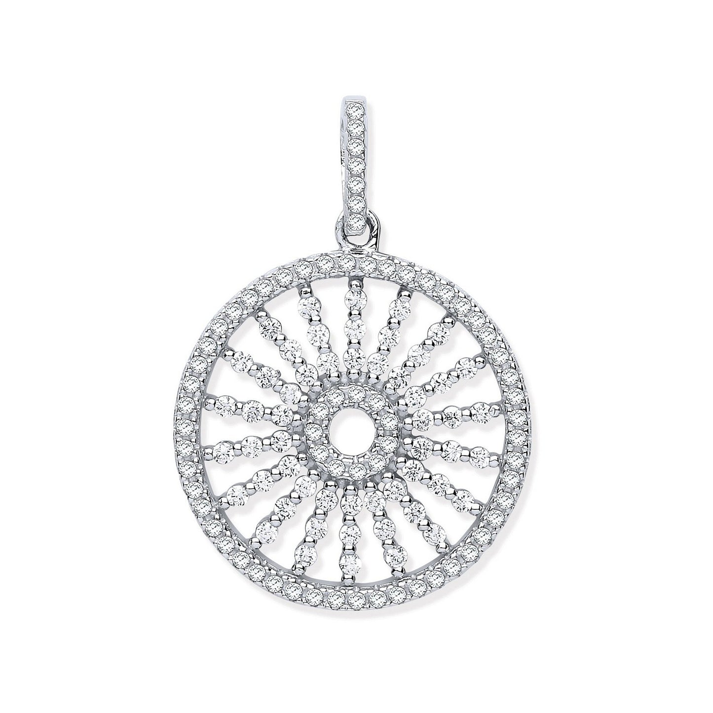 Silver Circle With Burst Lines Cubic Zirconia Pendant