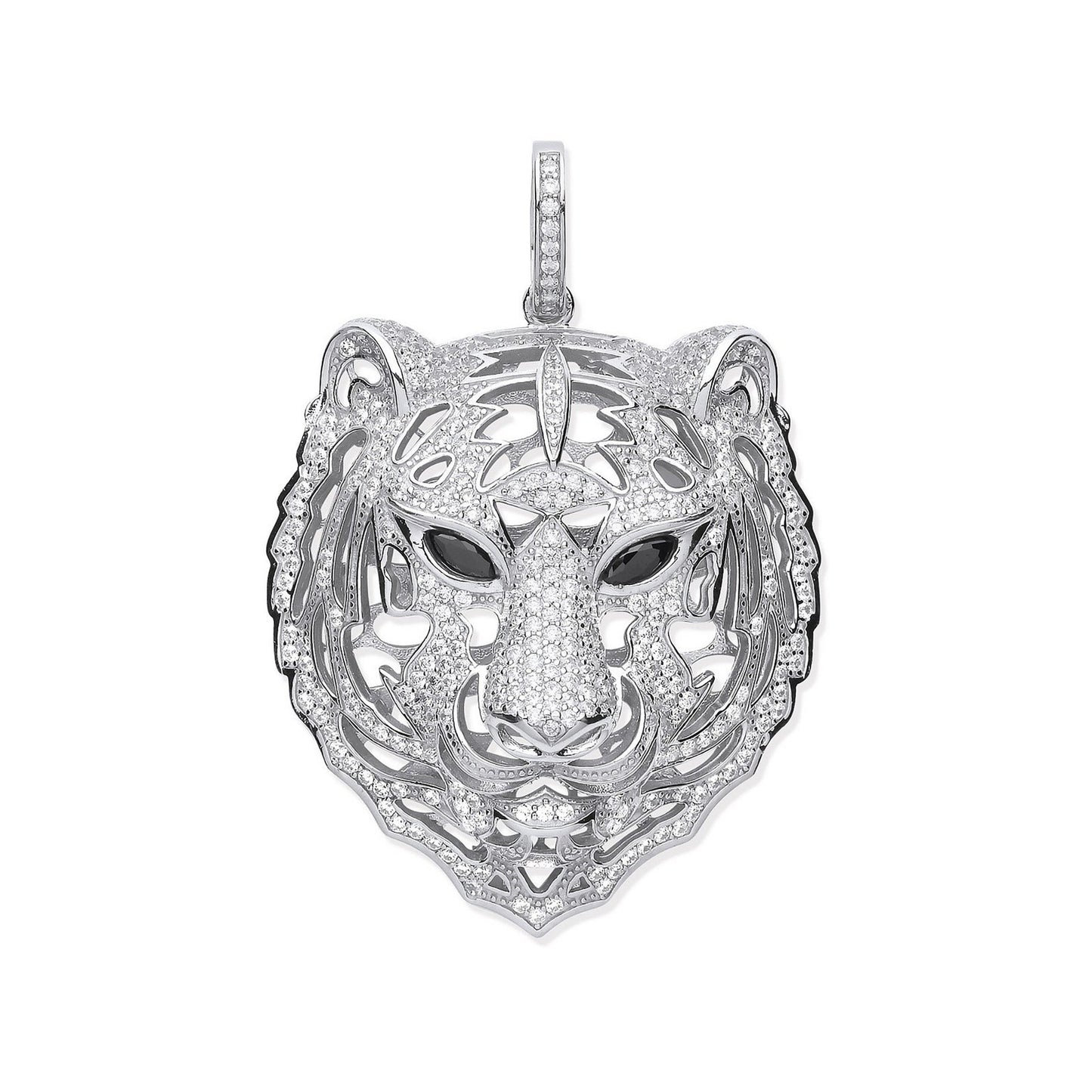 Silver Cubic Zirconia Tiger Head Black Cubic Zirconia Eyes Pendant