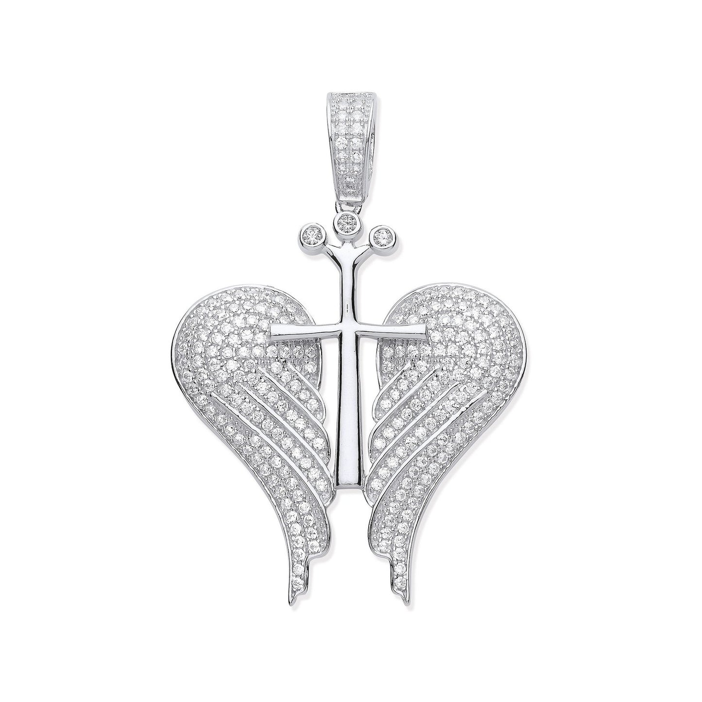 Silver Cubic Zirconia Open Angel Wings With Royal Cross Pendant