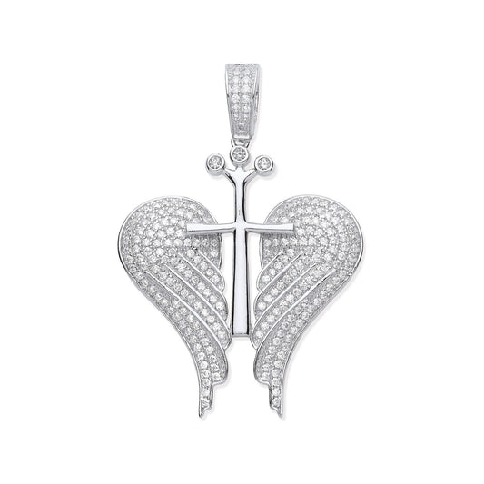 Silver Cubic Zirconia Open Angel Wings With Royal Cross Pendant