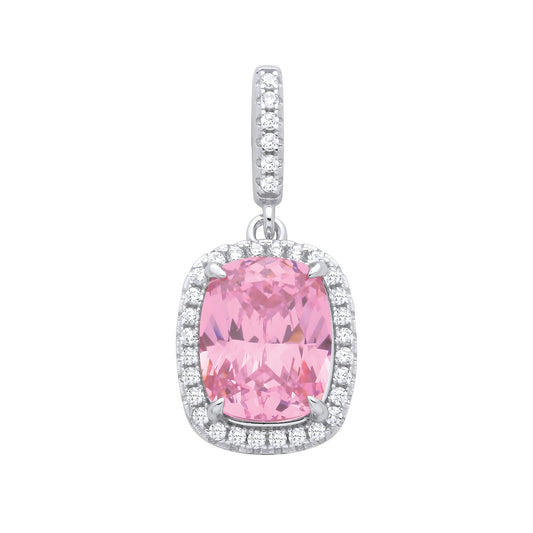 Silver Pink Cushion Cut Cubic Zirconia Pendant