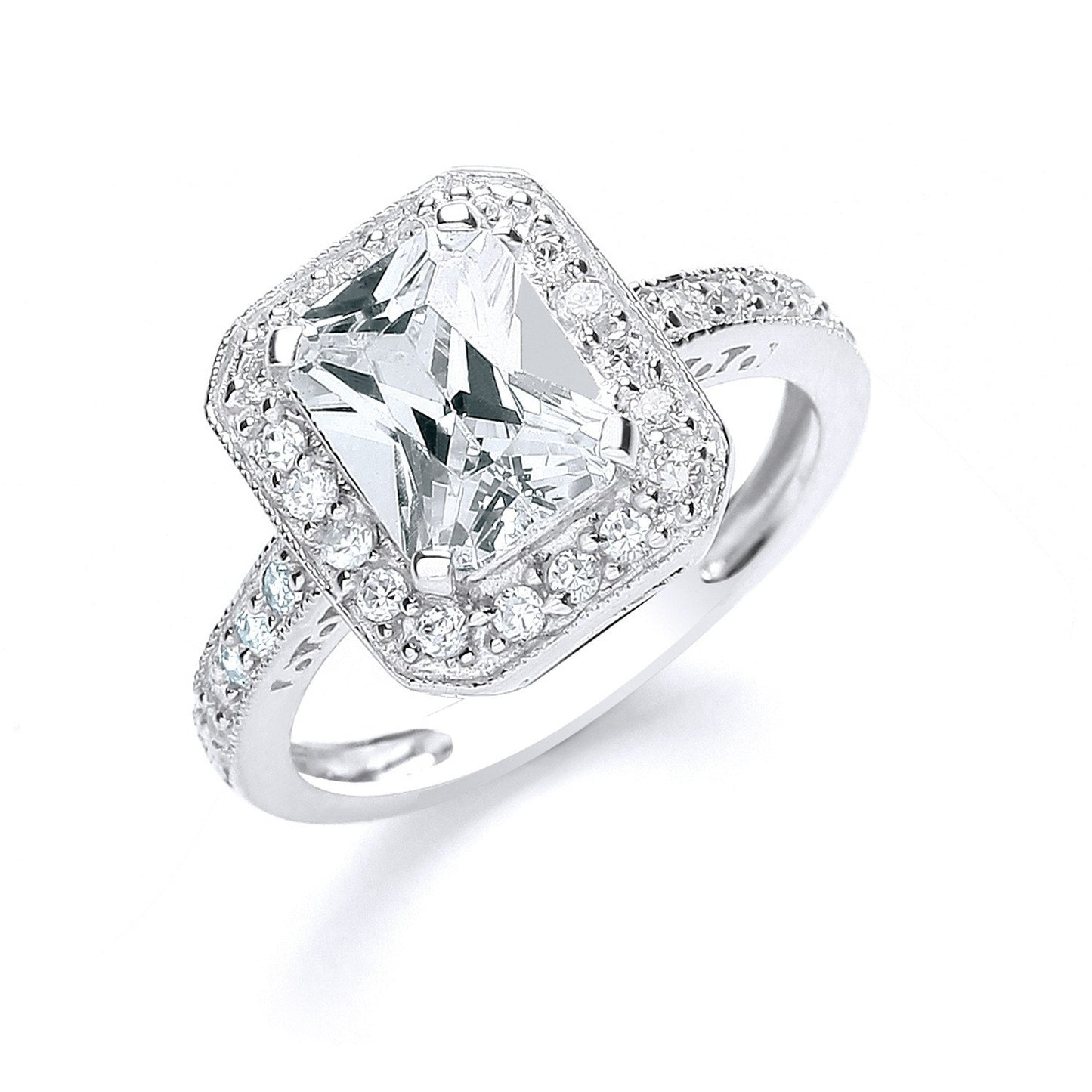 Silver Emerald Cut With Cubic Zirconia Surrounding & Shoulders Ring