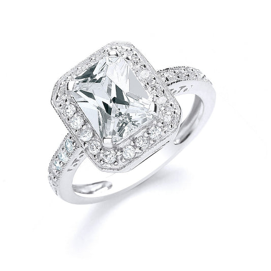 Silver Emerald Cut With Cubic Zirconia Surrounding & Shoulders Ring