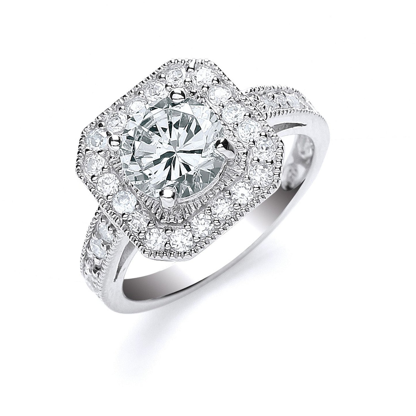 Silver Round Cut With Cubic Zirconia Surrounding & Shoulders Ring