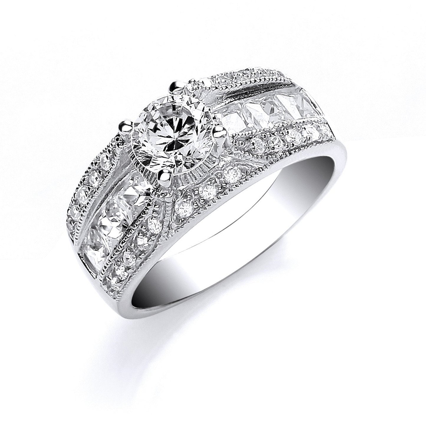 Silver Rd S/s With Princess & Rd Cubic Zirconia On Shld Ring