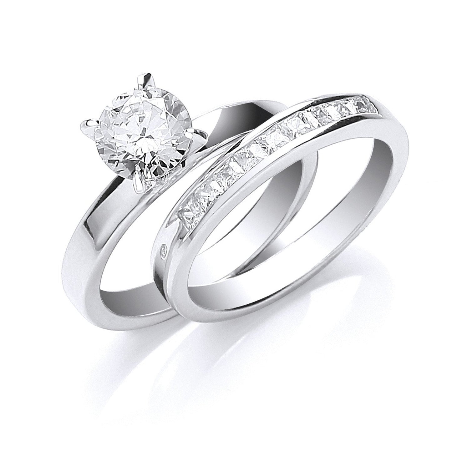 Silver Bridal Solitaire & P/c Cubic Zirconias Set Rings