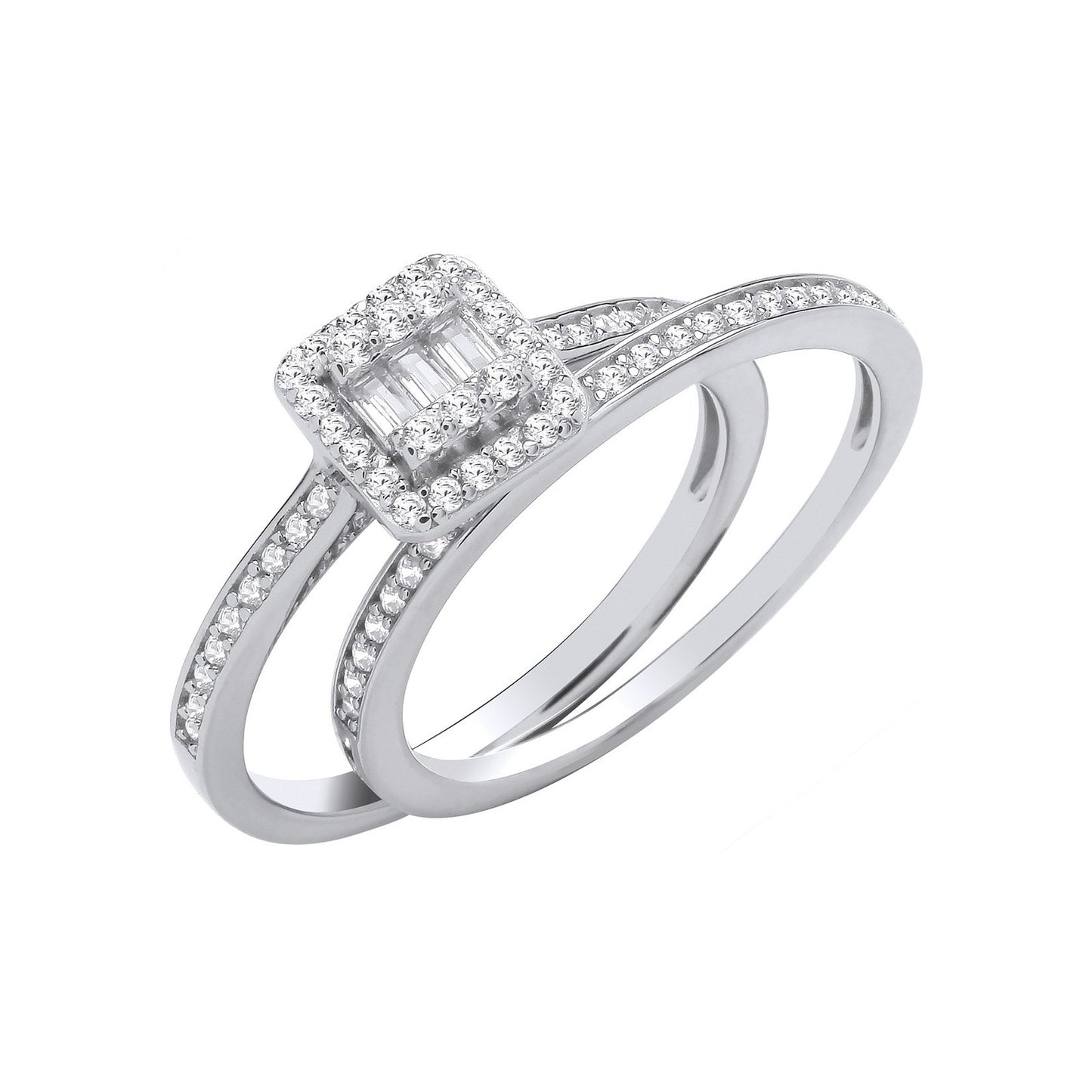 Silver Bridal Set Baguettes Centre & Round Cubic Zirconias Half Et Rings