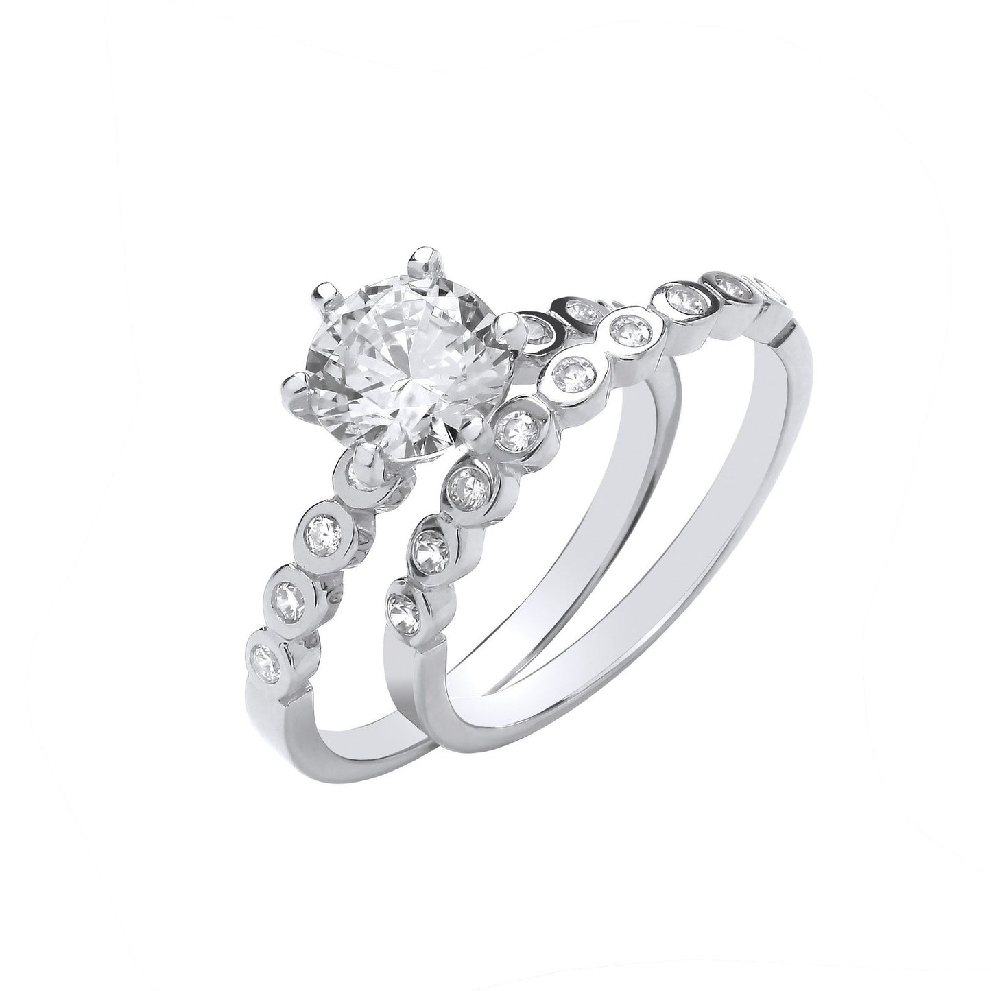 Silver Bridal Set Big Cubic Zirconia S/s & Rubover Half Et Rings