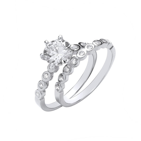 Silver Bridal Set Big Cubic Zirconia S/s & Rubover Half Et Rings