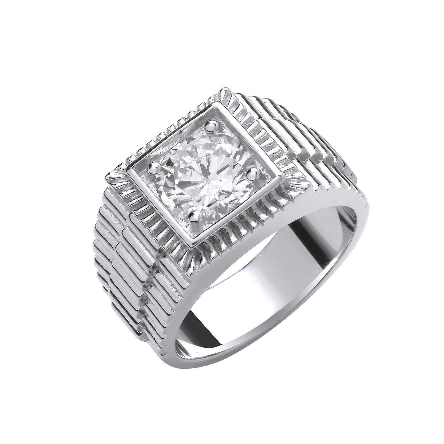 Silver Square Top With Round Cubic Zirconia Gents Ring
