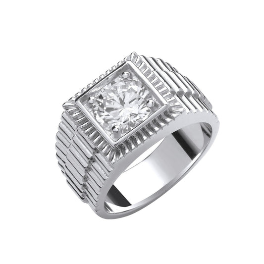 Silver Square Top With Round Cubic Zirconia Gents Ring