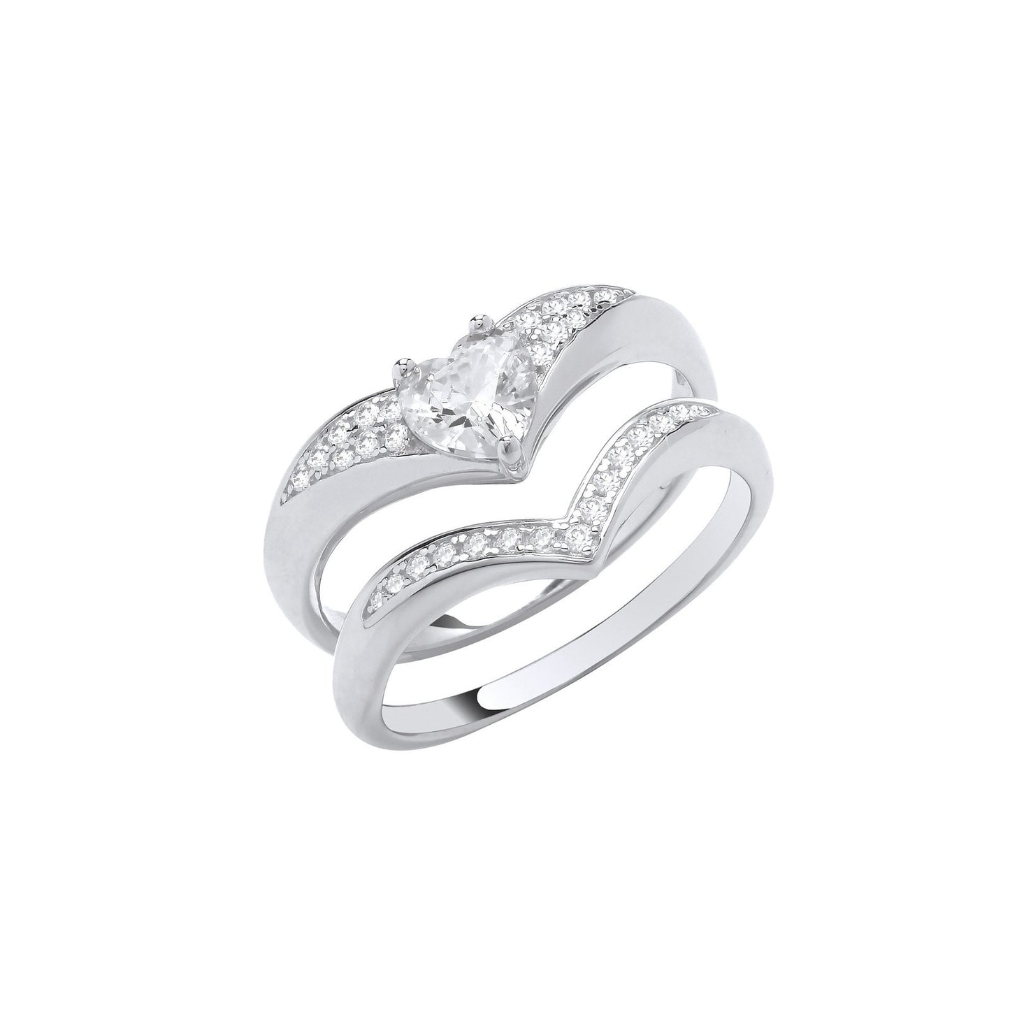 Silver Bridal Set Heart Cubic Zirconia Wishbone Rings