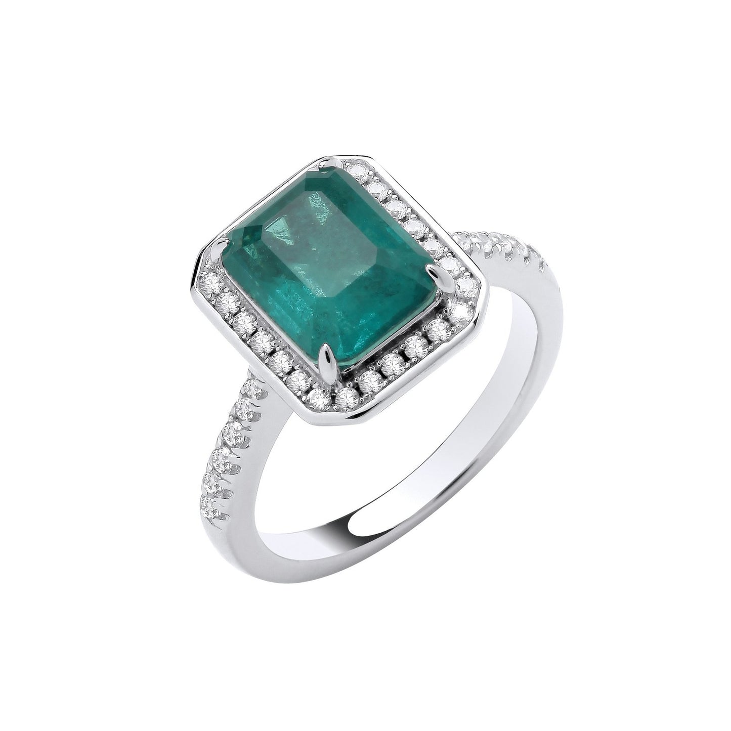 Silver Cubic Zirconias & Green Fusion Stone Centre In Emerald Cut Ring